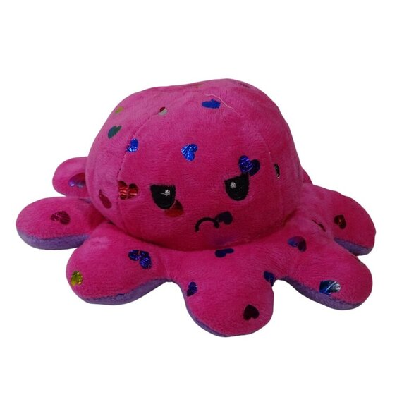 Reversible Metallic Heart Plush Octopus Toy Happy and Angry Pink and Purple - Picture 4 of 6
